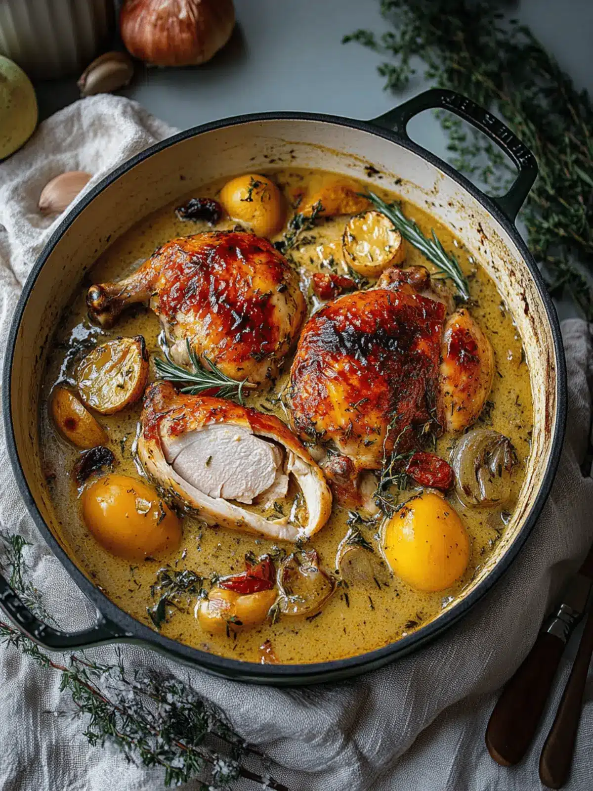 Herb Roasted Chicken in Creamy White Wine Sauce