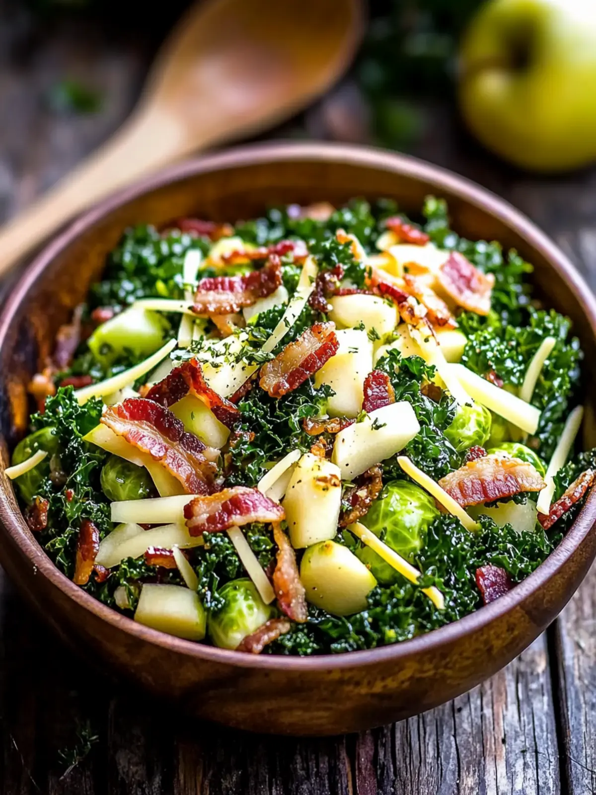 Brussels Sprout, Kale + Apple Salad with Cheddar & Bacon Bliss 4 Brussels Sprout, Kale + Apple Salad with Sharp Cheddar + Bacon