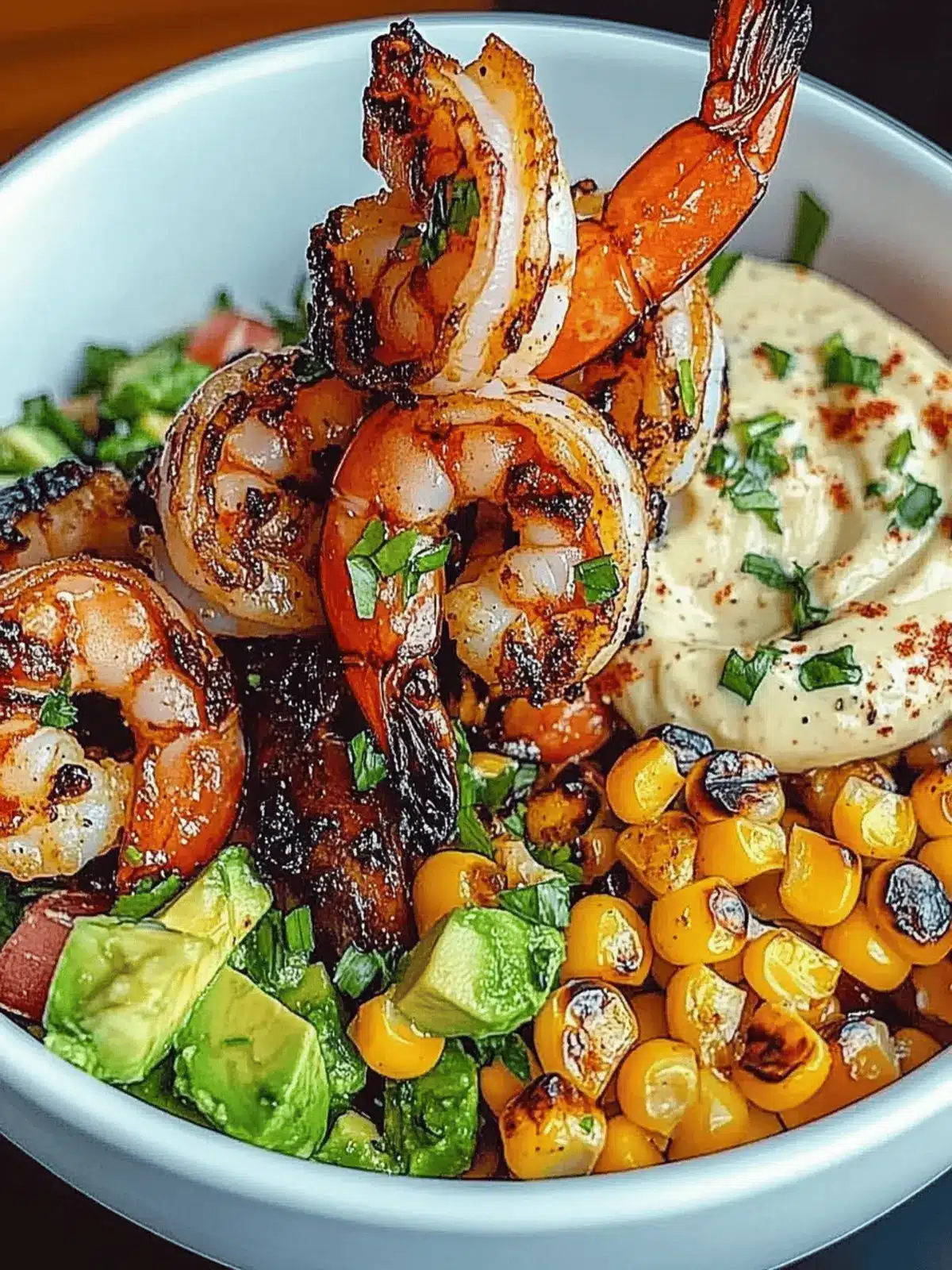Grilled Shrimp Bowl with Avocado, Corn Salsa & Creamy Garlic Sauce