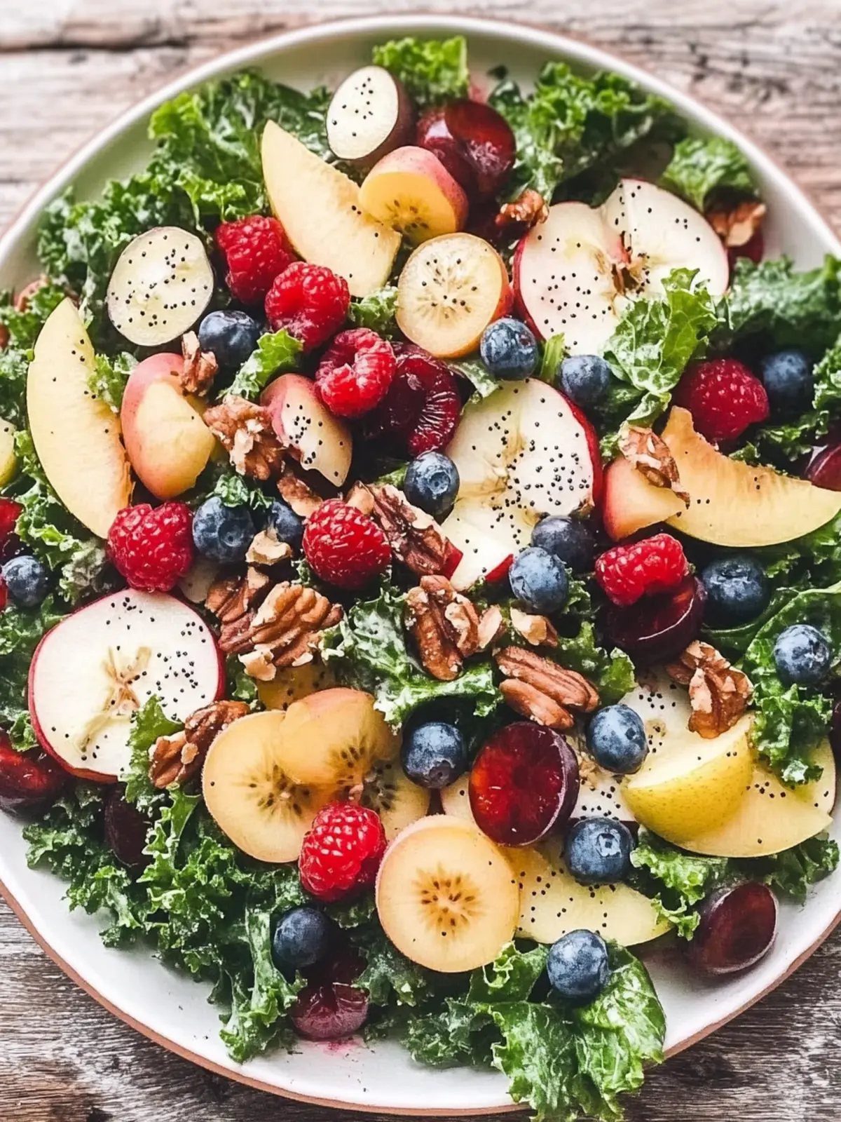 Kale and Fall Fruit Salad with Cider Poppy Seed Dressing