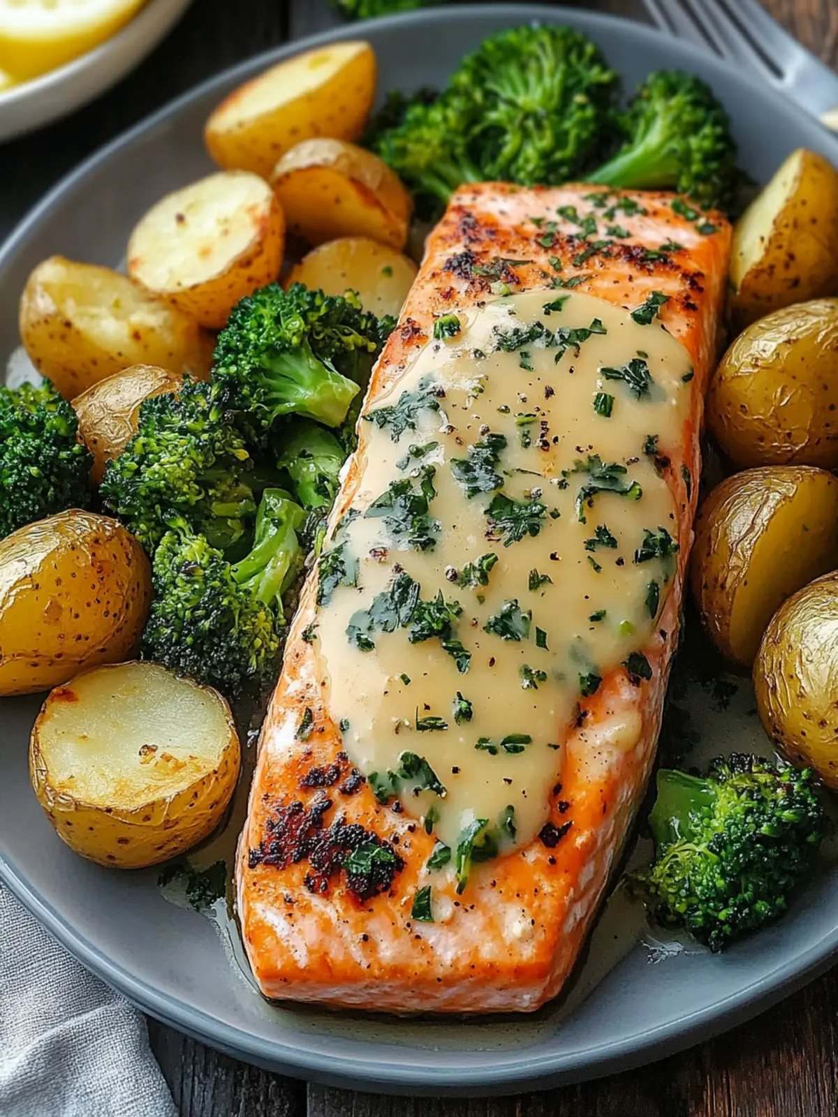 Lemon Butter Salmon with Crispy Potatoes and Broccoli