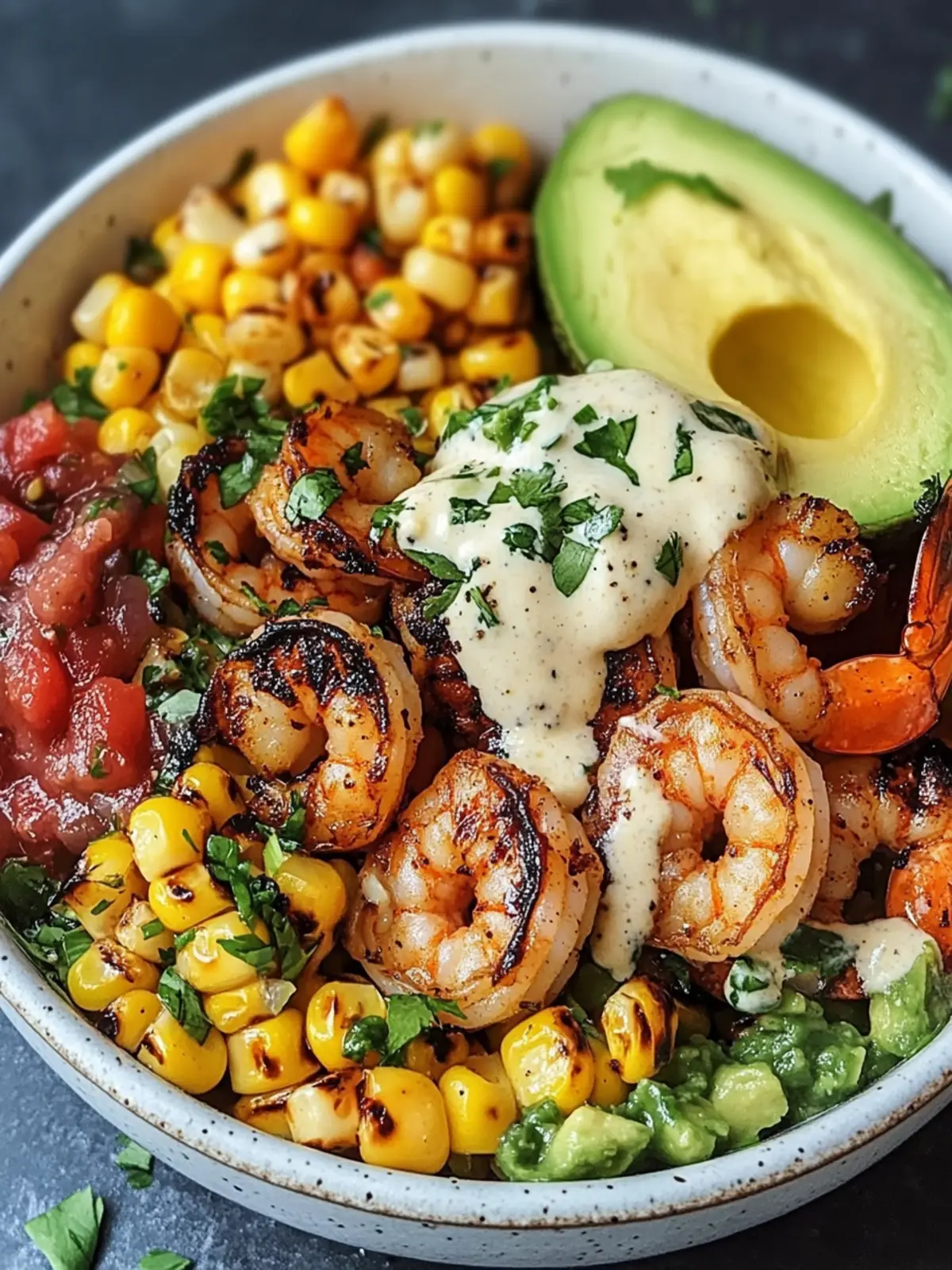 Grilled Shrimp Bowl with Avocado, Corn Salsa & Creamy Garlic Sauce