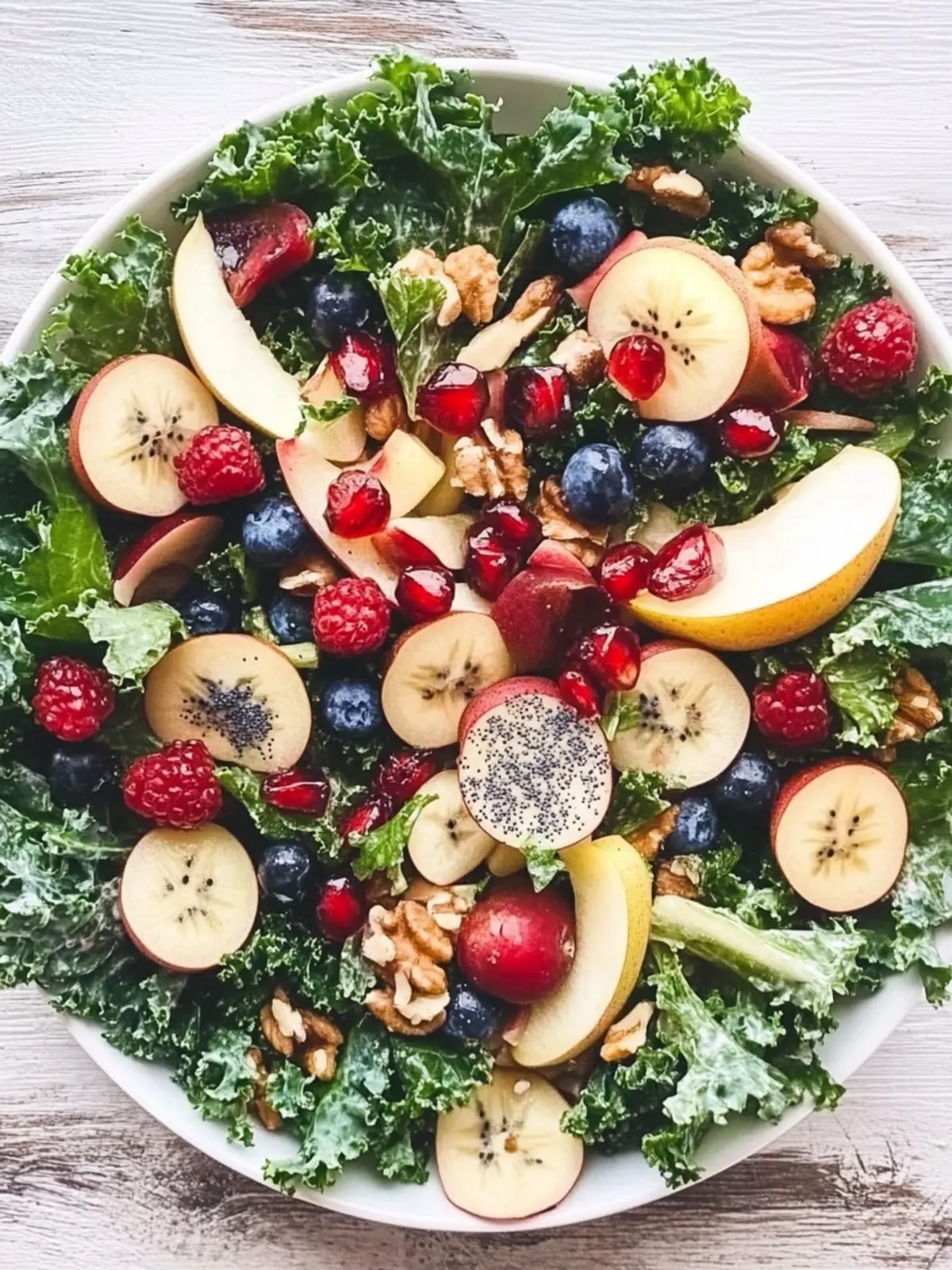Kale and Fall Fruit Salad with Cider Poppy Seed Dressing