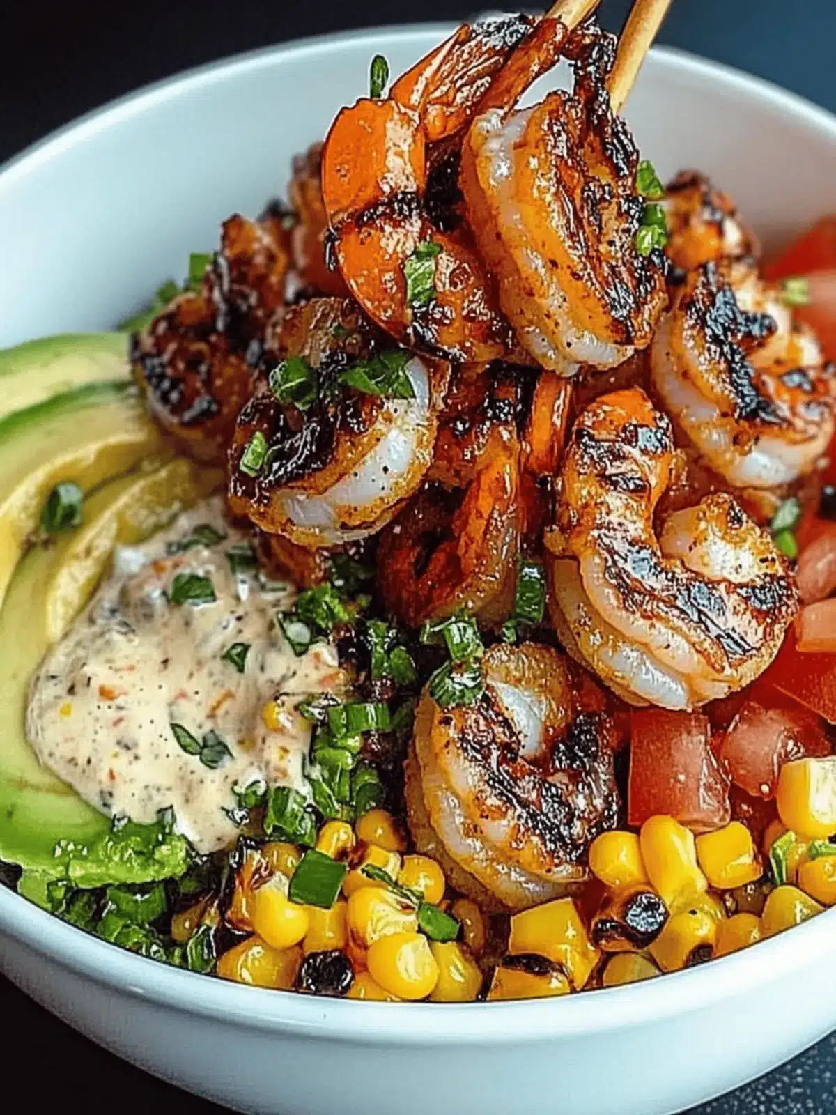 Grilled Shrimp Bowl with Avocado, Corn Salsa & Creamy Garlic Sauce