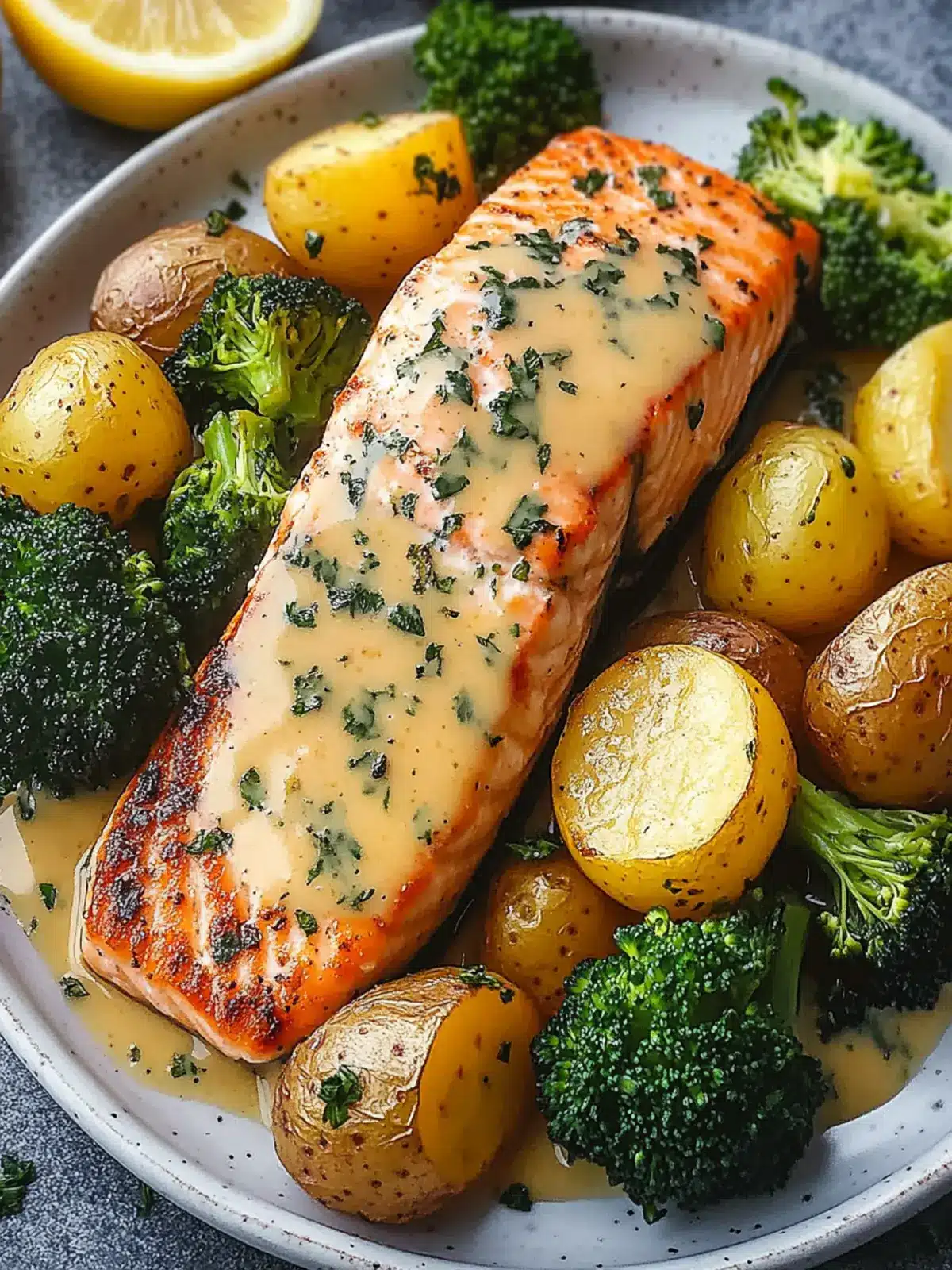Lemon Butter Salmon with Crispy Potatoes and Broccoli