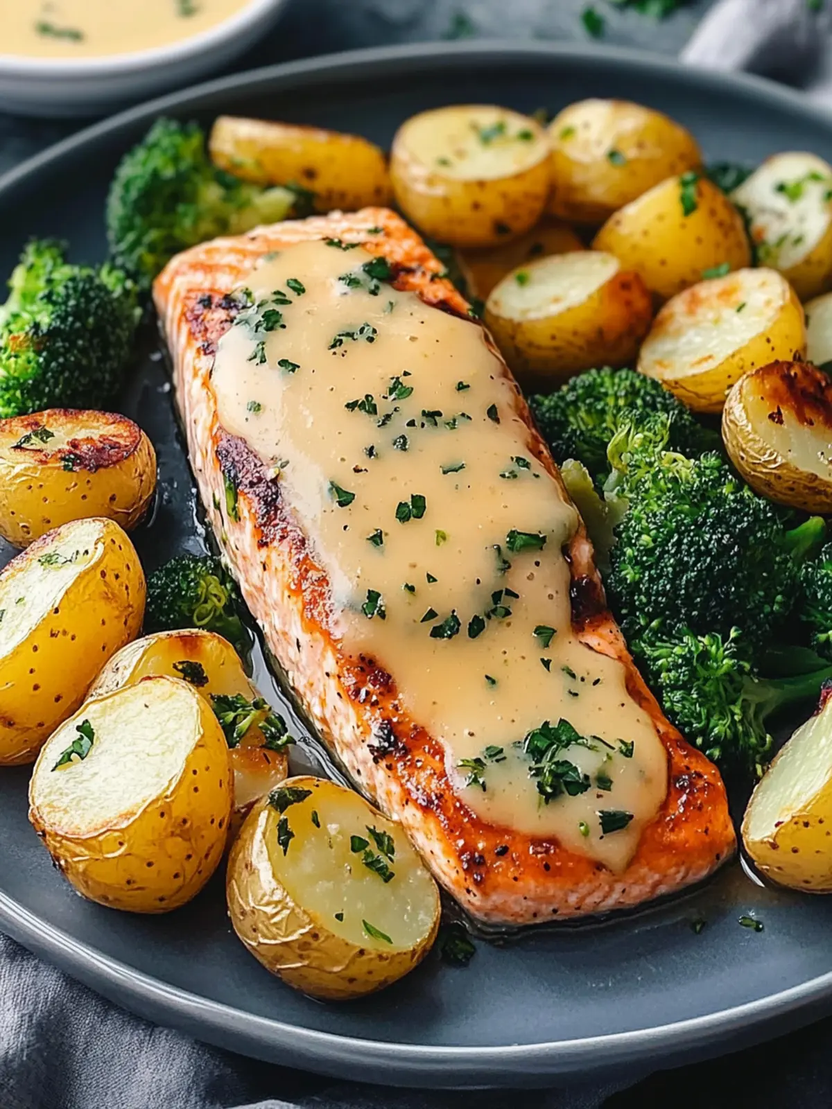 Lemon Butter Salmon with Crispy Potatoes and Broccoli