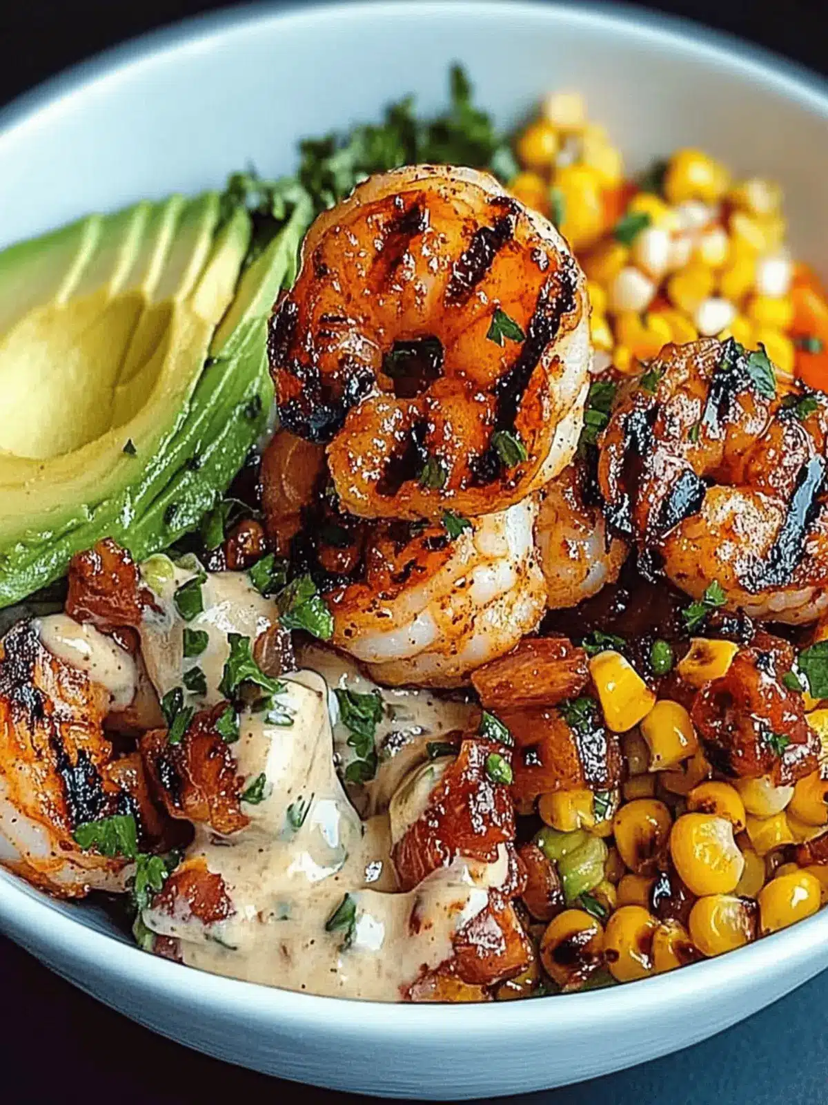 Grilled Shrimp Bowl with Avocado, Corn Salsa & Creamy Garlic Sauce