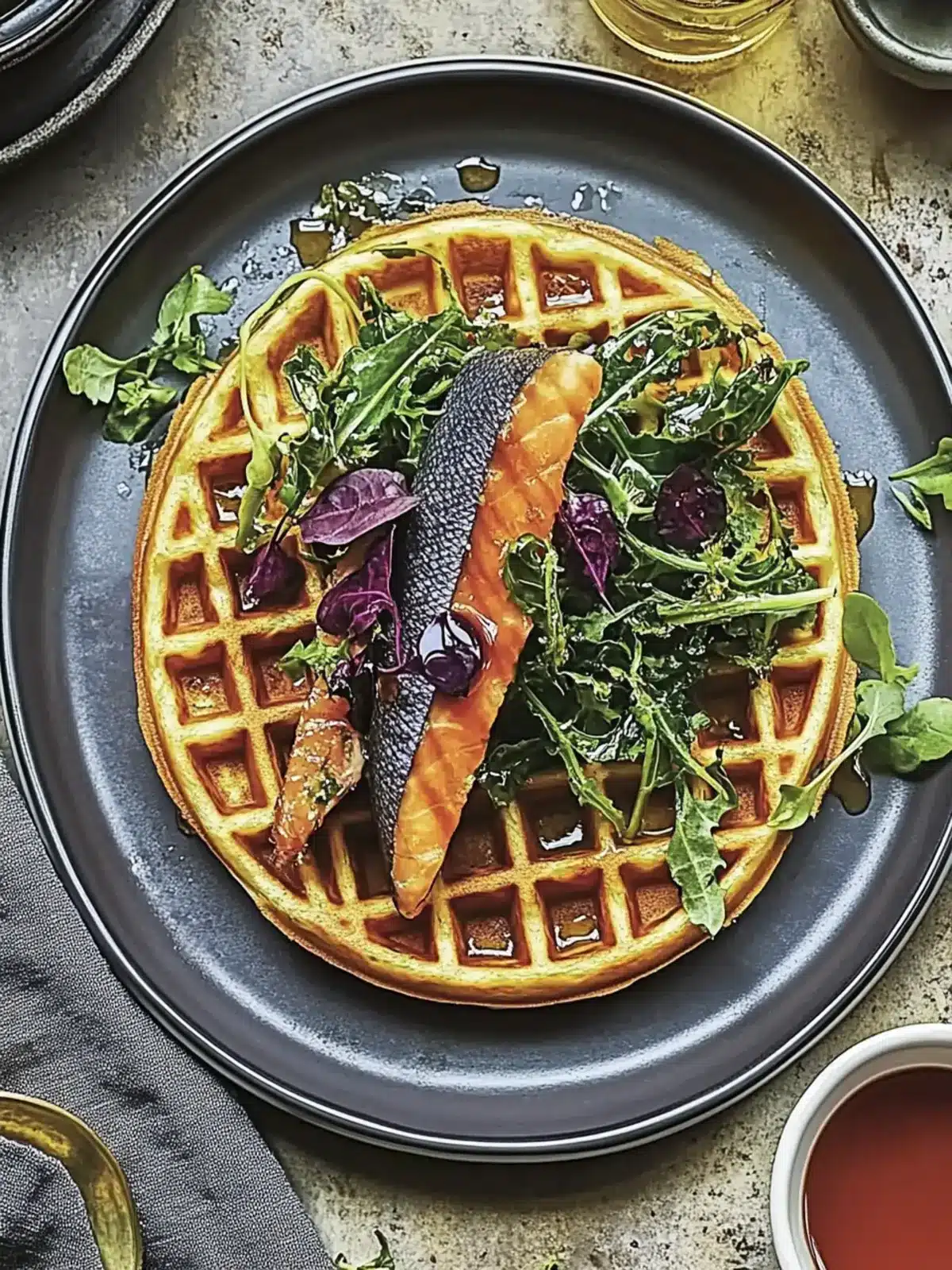 Collard Waffles with Brined Trout and Maple Hot Sauce Delight 3 Collard Waffles with Brined Trout and Maple Hot Sauce
