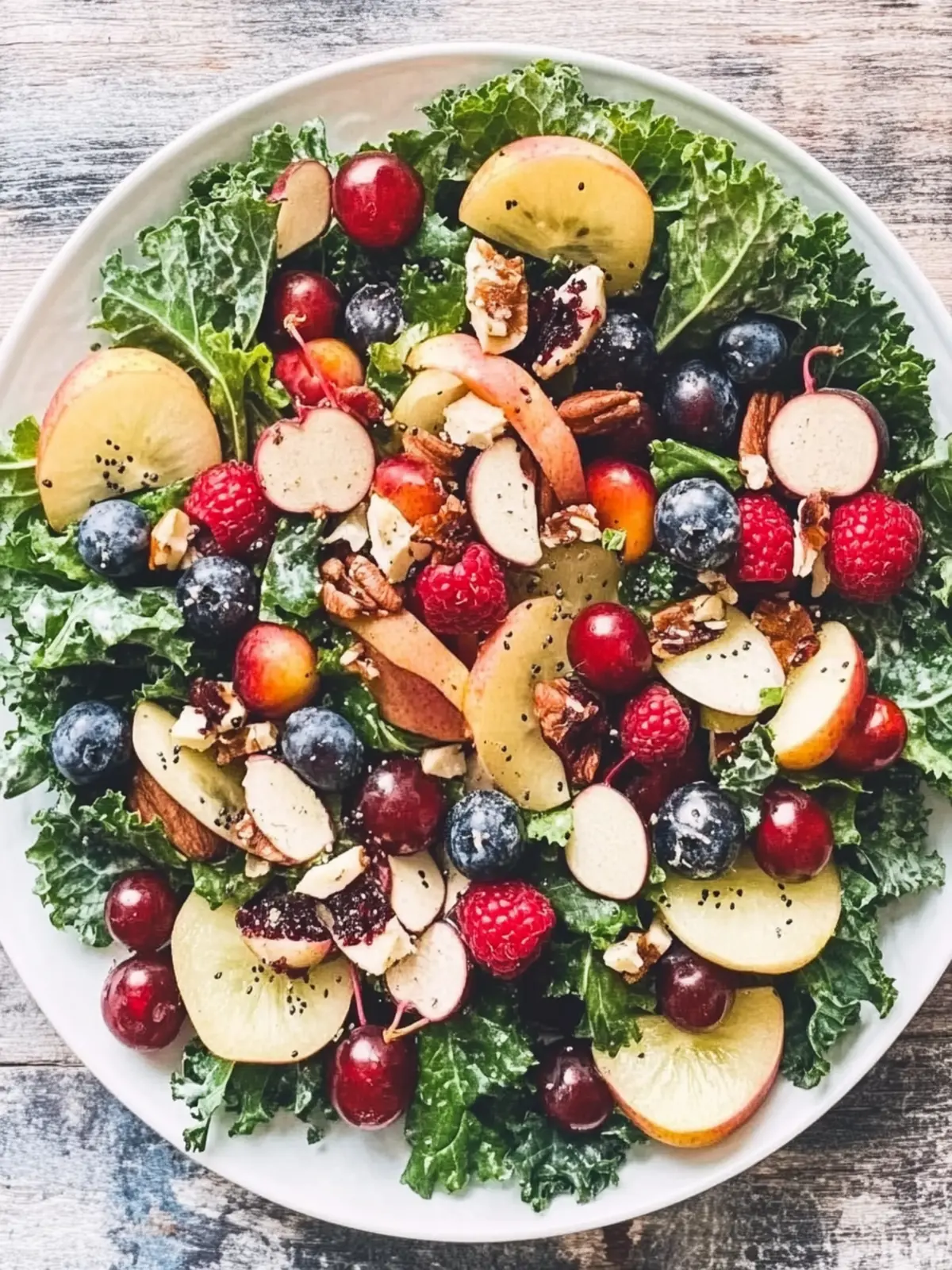Kale and Fall Fruit Salad with Cider Poppy Seed Dressing