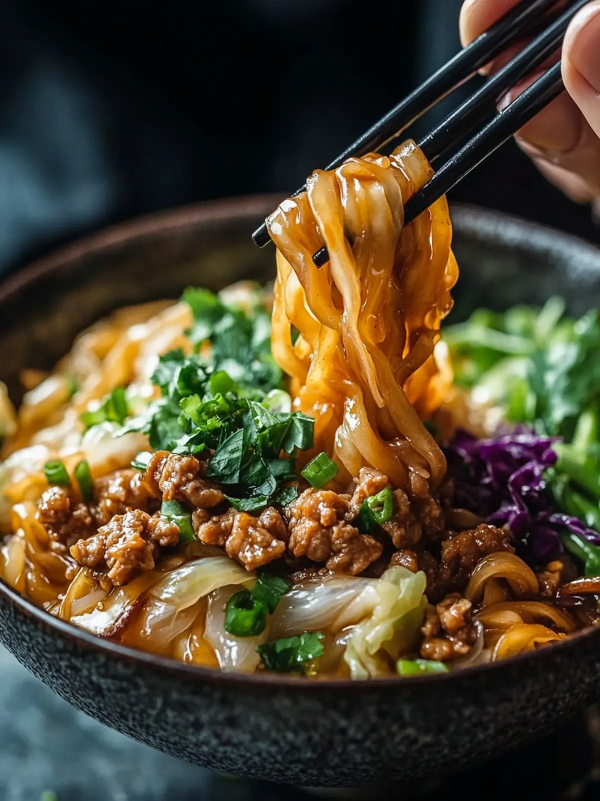 Potsticker Noodle Bowl with Pork & Cabbage Slaw