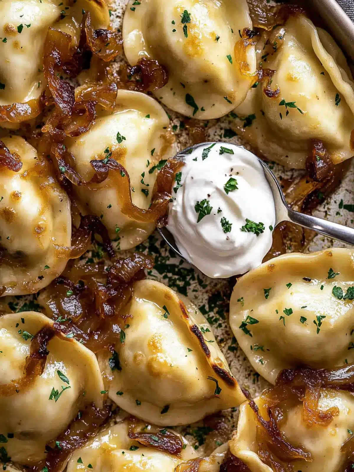 Crispy Sheet Pan Pierogies with Caramelized Onions & Chipotle Cream 4 Sheet Pan Pierogies with Caramelized Onions and Chipotle Sour Cream